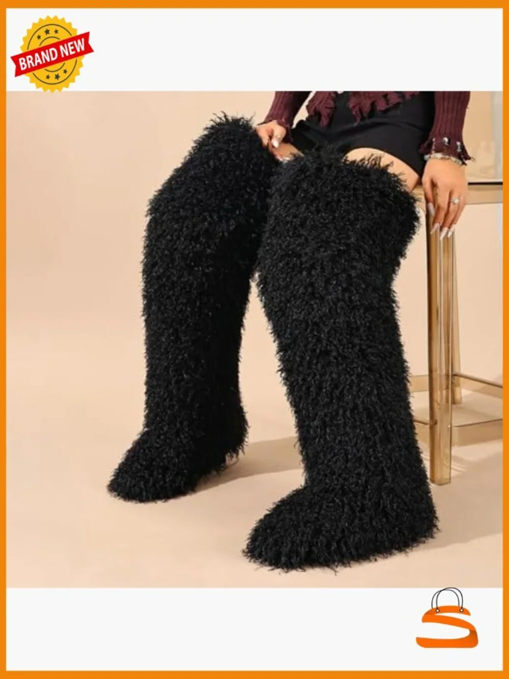 Faux fur knee-high boots, Y2K over-the-knee fluffy flat boots 28in